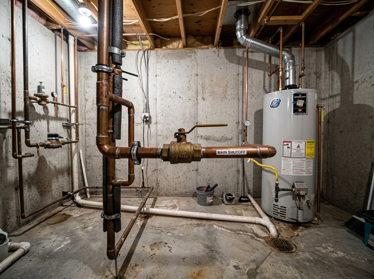 Main water shutoff valve mounted on a pipe in a residential basement utility area