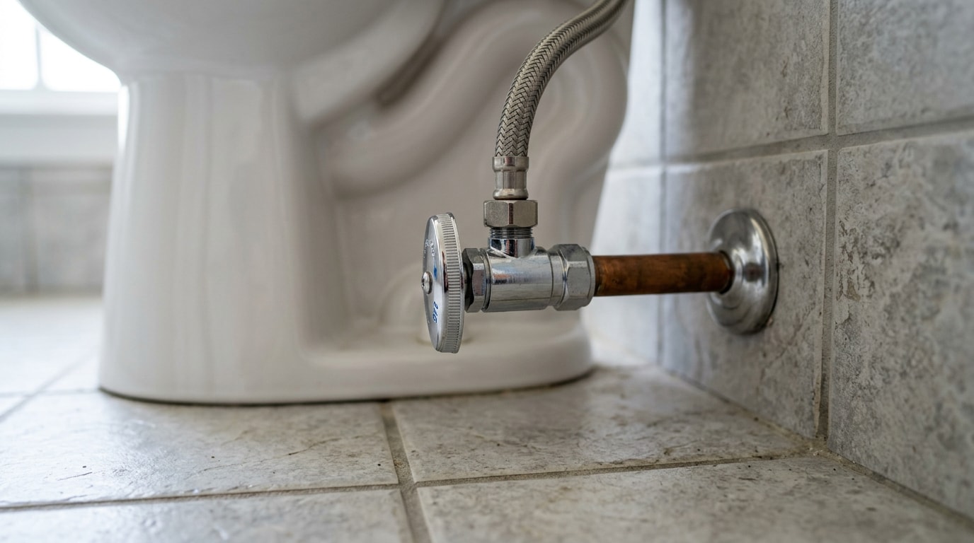 Toilet water shutoff valve installed behind a toilet base Toilet water shutoff valve installed behind a toilet base