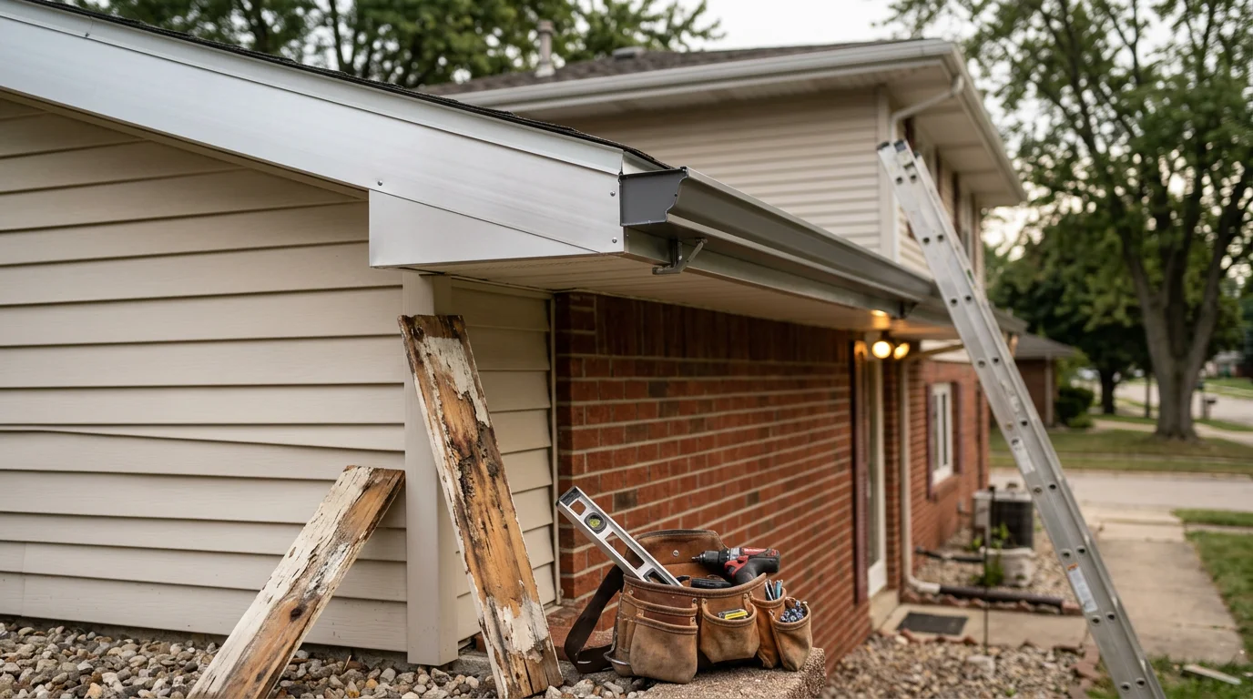 Close-up of a freshly installed fascia board along the roofline of a Springfield, Illinois ranch-style home, with new gutters mounted flush against the smooth, painted surface. The image shows a clean roofline edge with no visible gaps, rot, or separation between the fascia and the gutter bracket.