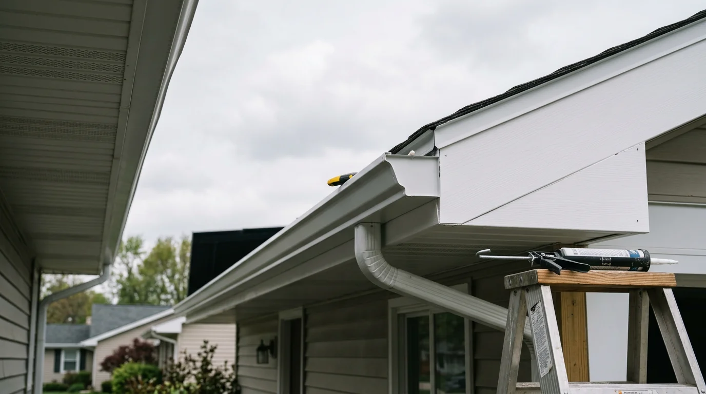 A repaired fascia board along the roofline of a Springfield, Illinois home, with gutters seated flush and no visible rot or staining. The replacement section blends with the existing exterior trim against a Central Illinois residential backdrop.