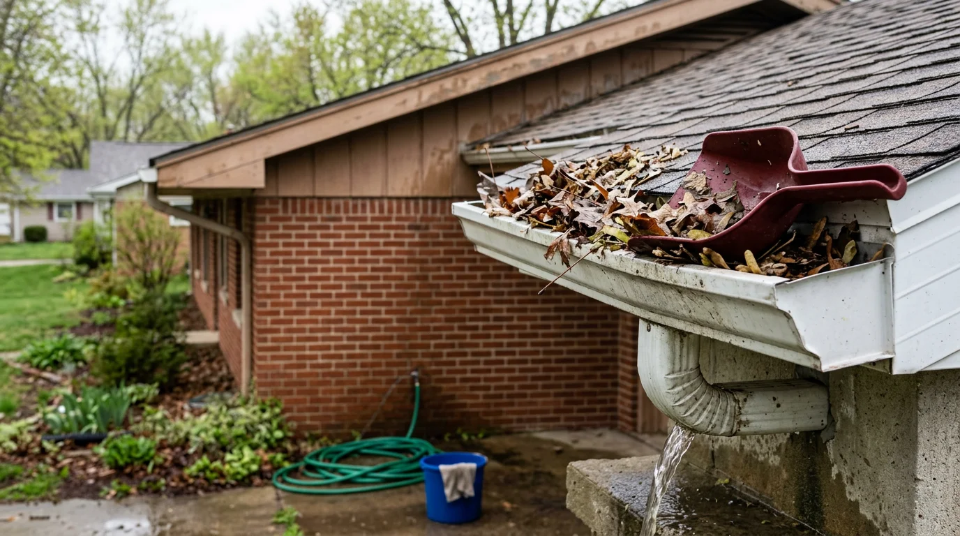 A Central Illinois Gutters technician removing compacted leaf debris and seed pods from a residential gutter on a single-family home in Springfield, Illinois. The cleaned downspout is visible below, free of blockages and ready to direct water away from the foundation.