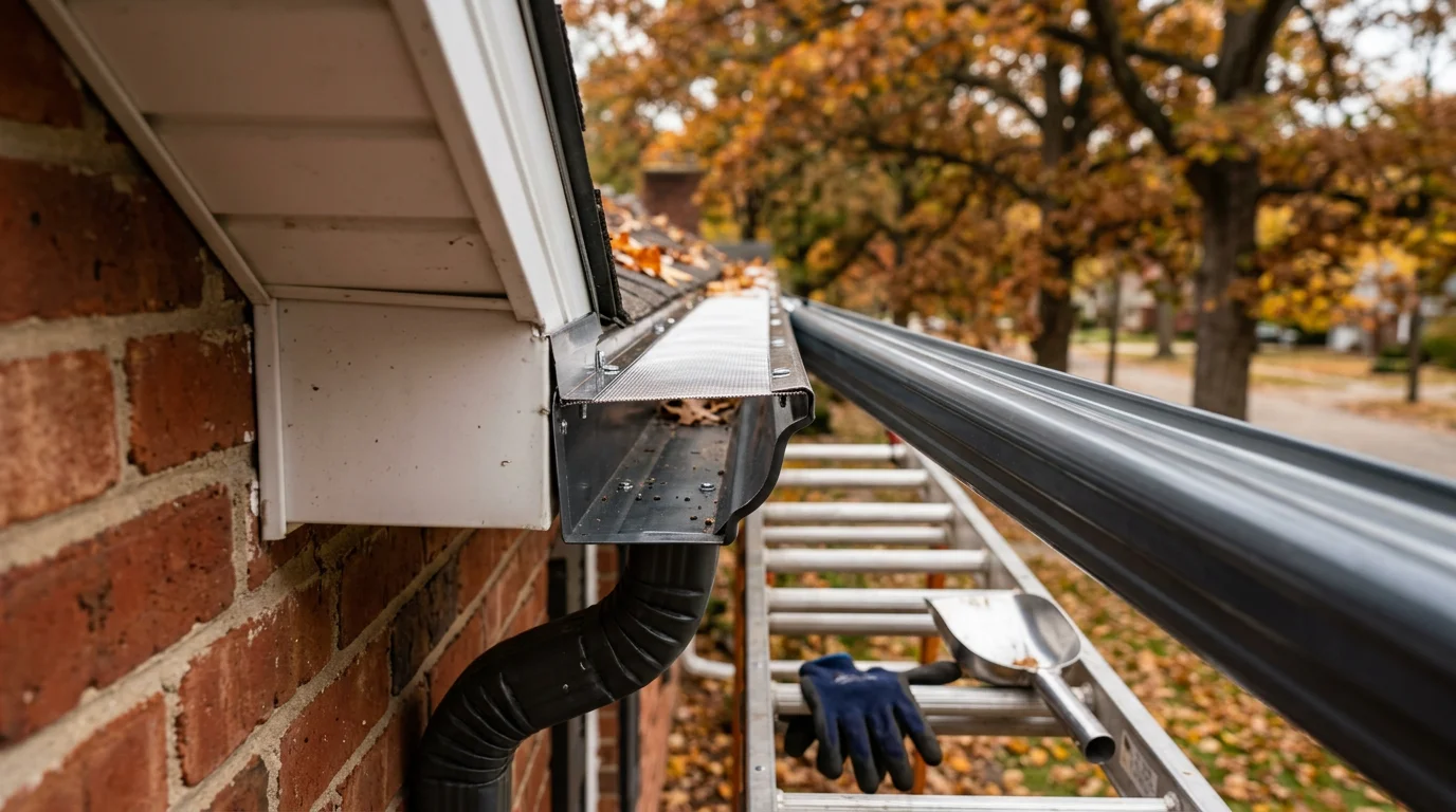 A close-up view of a newly installed gutter guard system on a residential home in Springfield, Illinois, with autumn leaves resting on top of the guard while water drains cleanly into the channel below. The surrounding yard shows mature deciduous trees typical of Central Illinois neighborhoods.