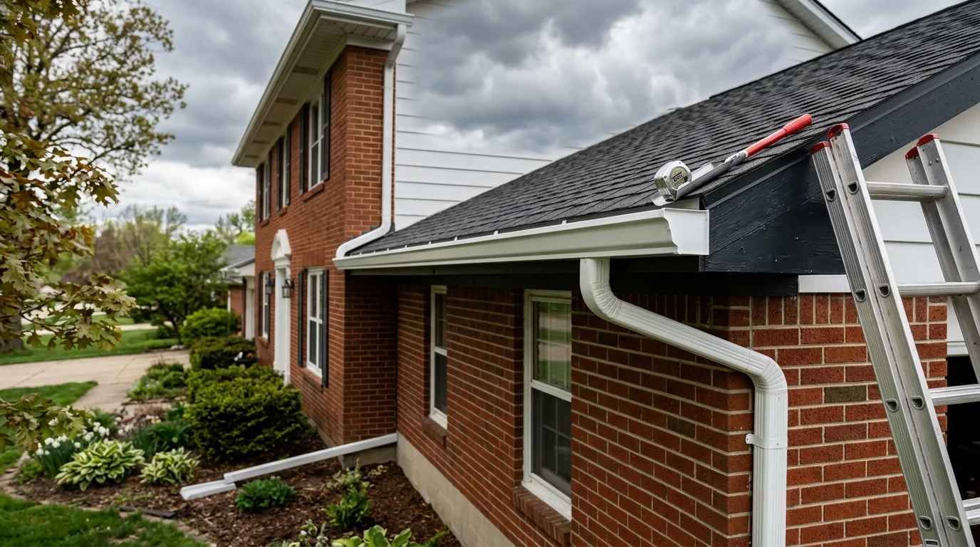 Newly installed seamless gutters running along the roofline of a mid-century single-family home in Springfield, Illinois. Downspouts are positioned at the corners of the home, directing water away from the foundation on a clear day following a rain event.