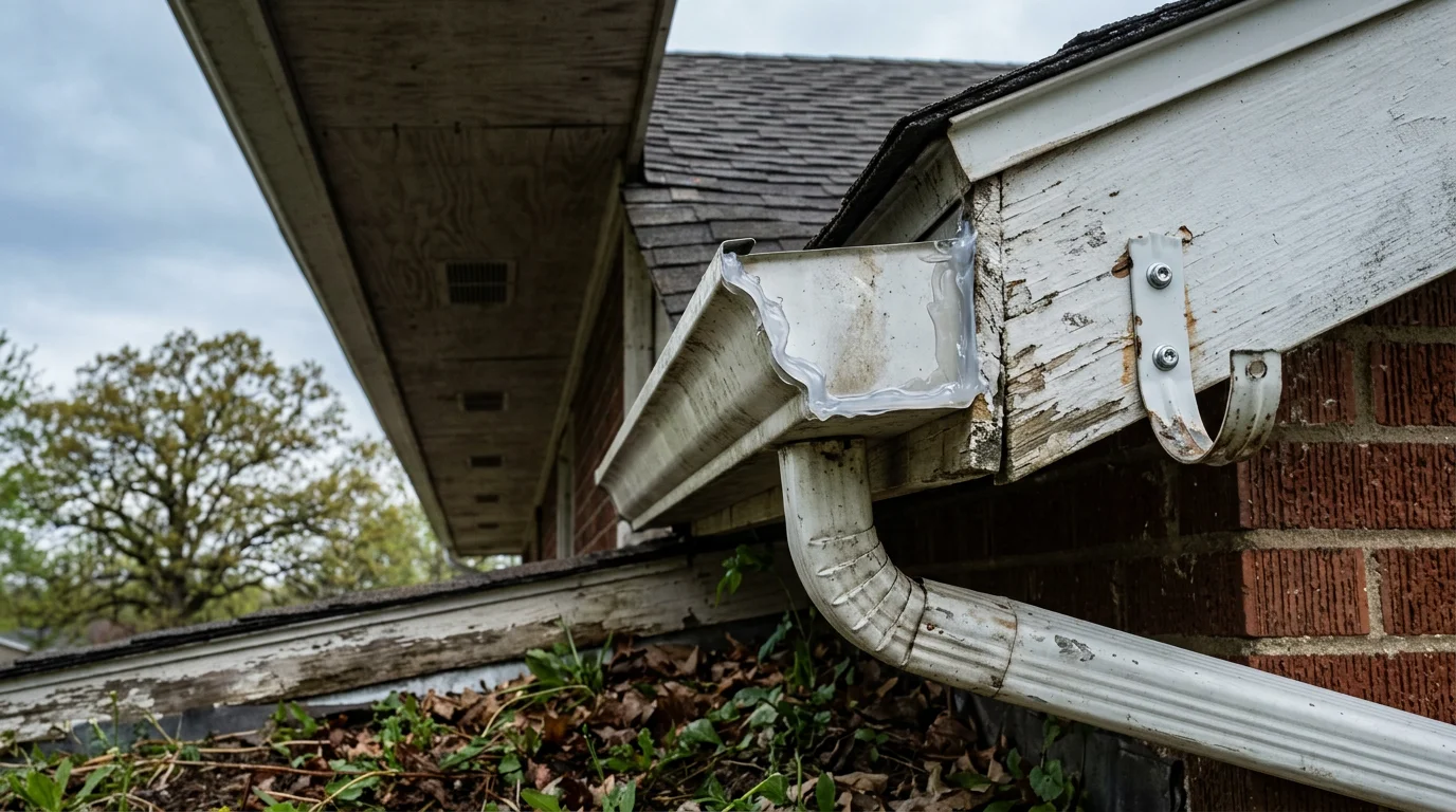 A Central Illinois Gutters technician resealing a leaking gutter joint on a single-family home in Springfield, Illinois. The repaired section shows clean alignment along the roofline with a clear downspout connection below.