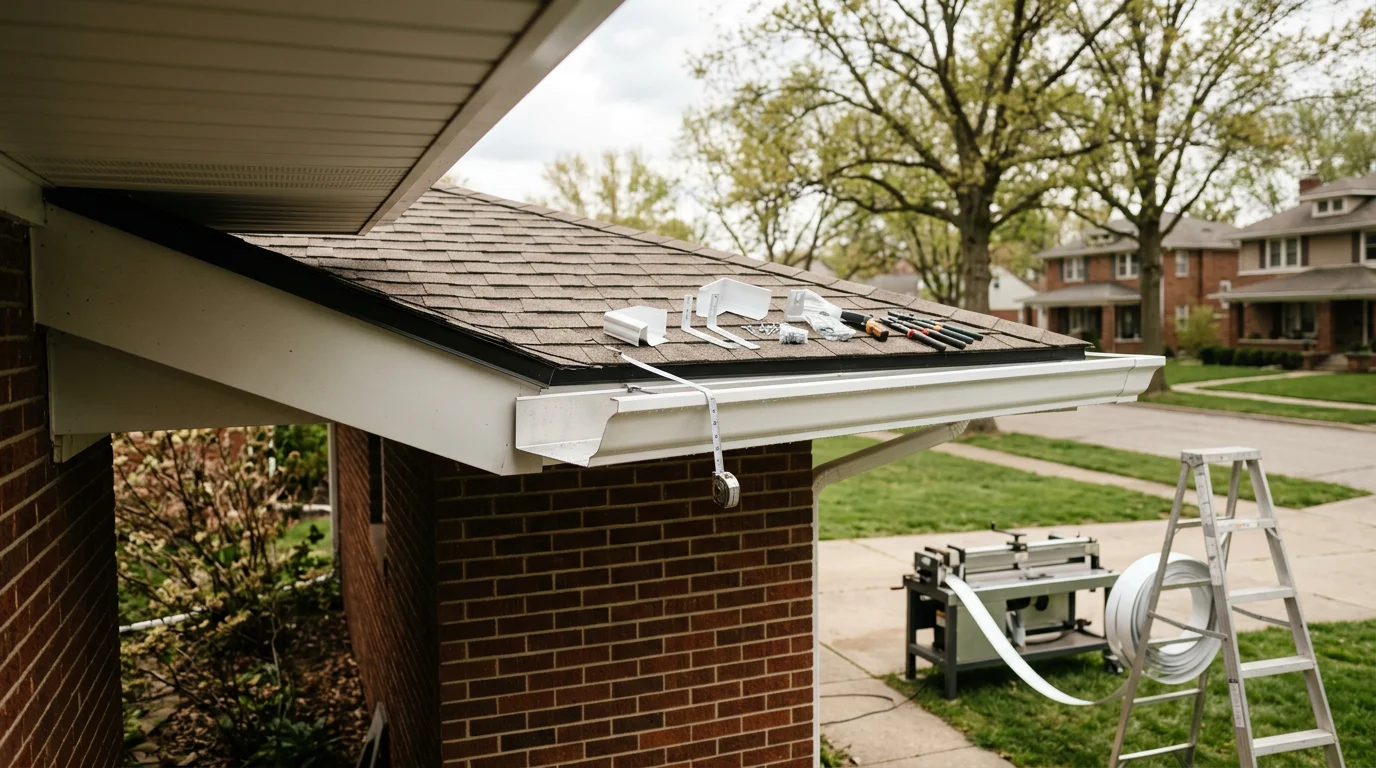 A crew member from Central Illinois Gutters fastening a newly formed seamless gutter section to the fascia of a single-family home in Springfield, Illinois. The gutter run follows the full roofline with no visible seams, and a downspout extends toward the ground along the corner of the house.