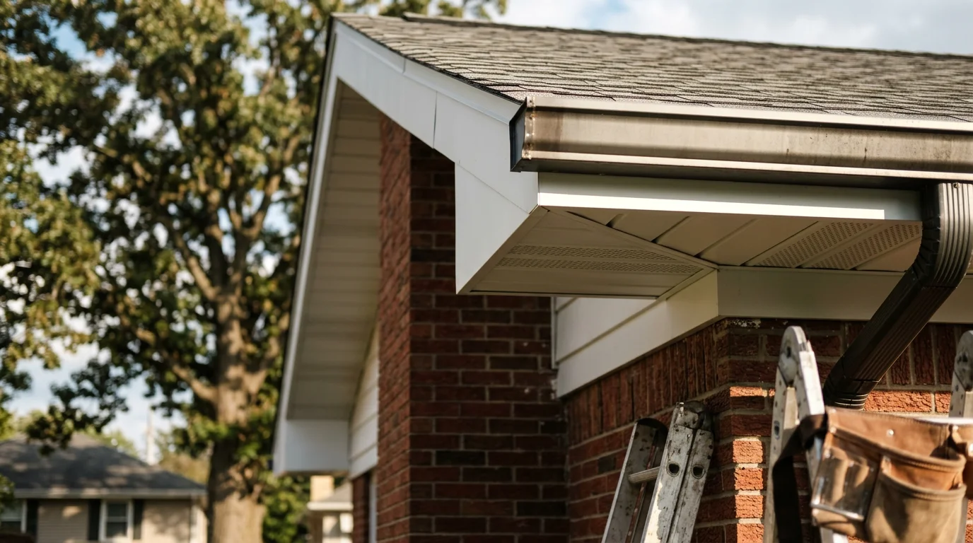 Newly installed soffit and fascia panels along the roofline of a residential home in Springfield, Illinois, with clean fascia boards supporting an aluminum gutter system. Close view shows tight panel seams and no visible gaps at the eave line.
