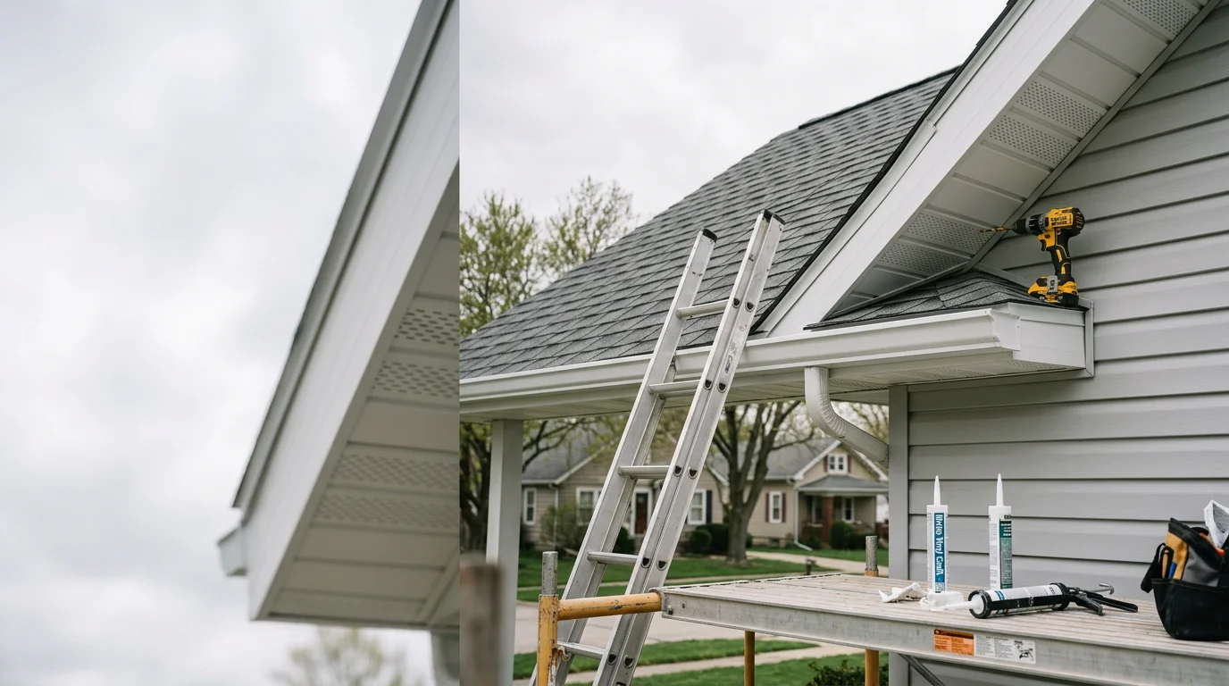 Freshly installed ventilated soffit panels along the roofline of a residential home in Springfield, Illinois. The panels run evenly beneath the roof overhang, with clean edges meeting the fascia board above and the siding below.