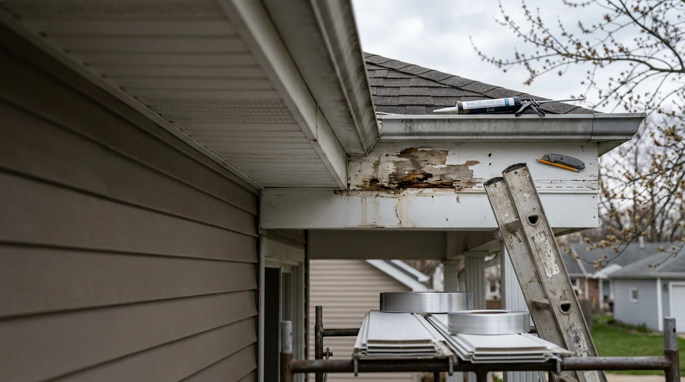 Close-up view of a repaired soffit panel along the roofline of a residential home in Springfield, Illinois, showing clean panel seams and intact vent screens. The surrounding fascia and gutter system are visible, with no signs of rot, gaps, or pest damage.